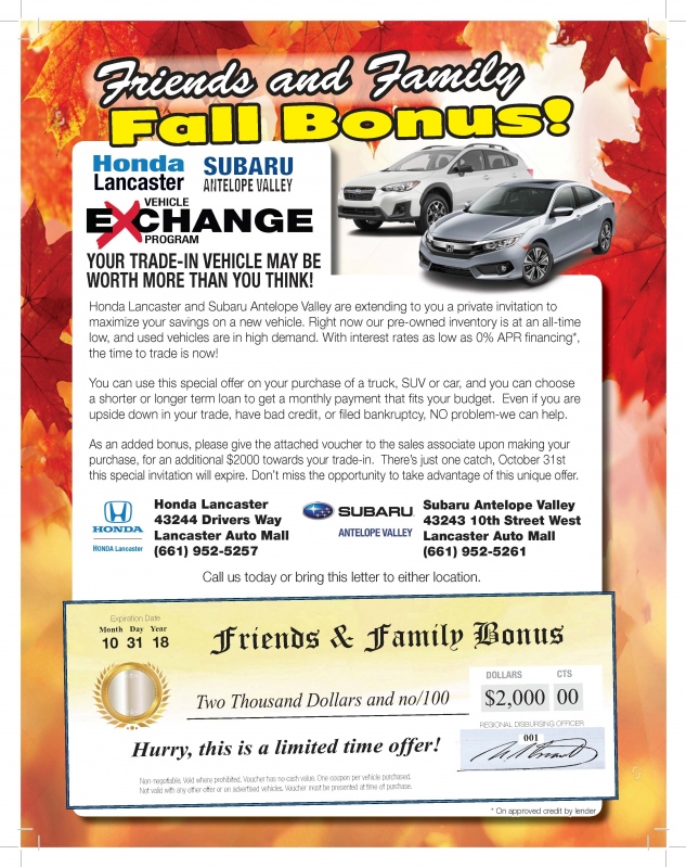 Friends and Family Fall Bonus from Honda Lancaster/Subaru Antelope Valley