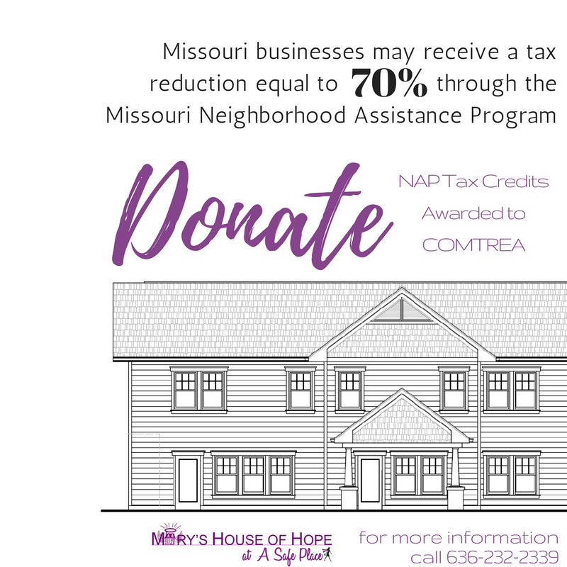 Blue print of a new house. Text: Missouri businesses may receive a tax reduction equal to 70% through the Missouri Neighborhood Assistance Program. Donate! NAP tax credits awarded to COMTREA. For more information, call 636-232-2339.
