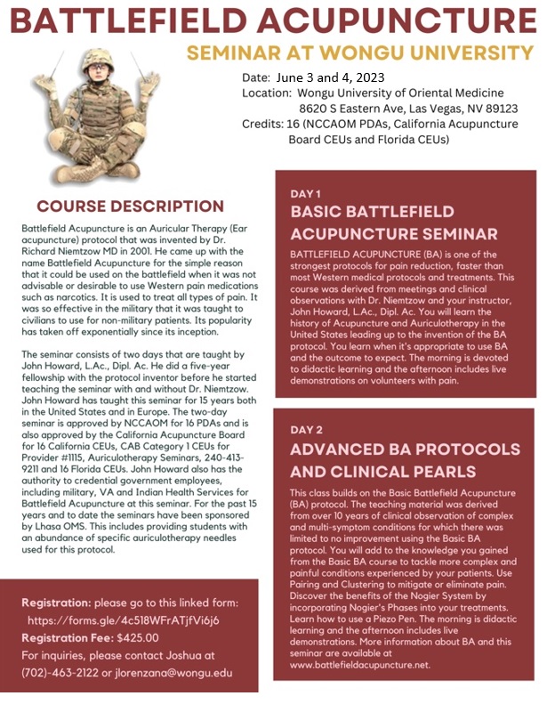 Basic and Advanced Battlefield Acupuncture Seminar at Wongu University of  Oriental Medicine