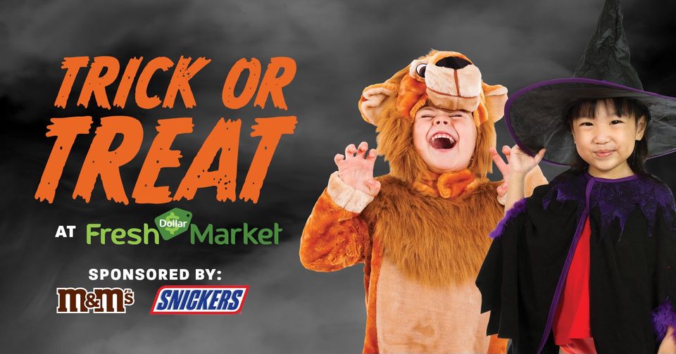 photo for trick or treating at Dollar Fresh Cresco with little boy dressed as a lion and little girl as a nice witch. 