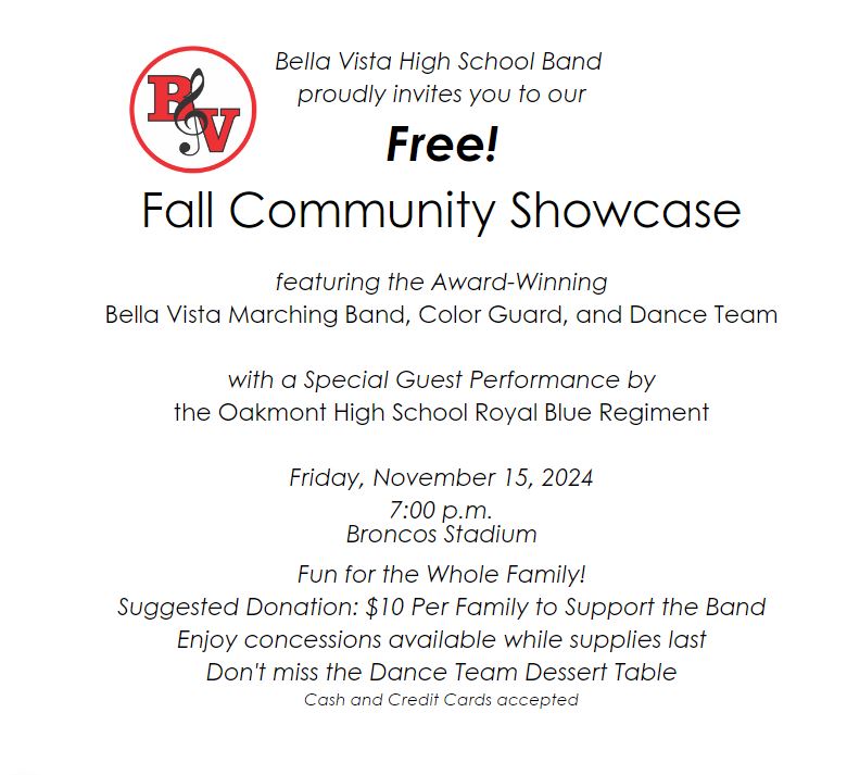 Bella Vista Band Community Showcase, November 15, 2024 at 7 p.m. Broncos Stadium