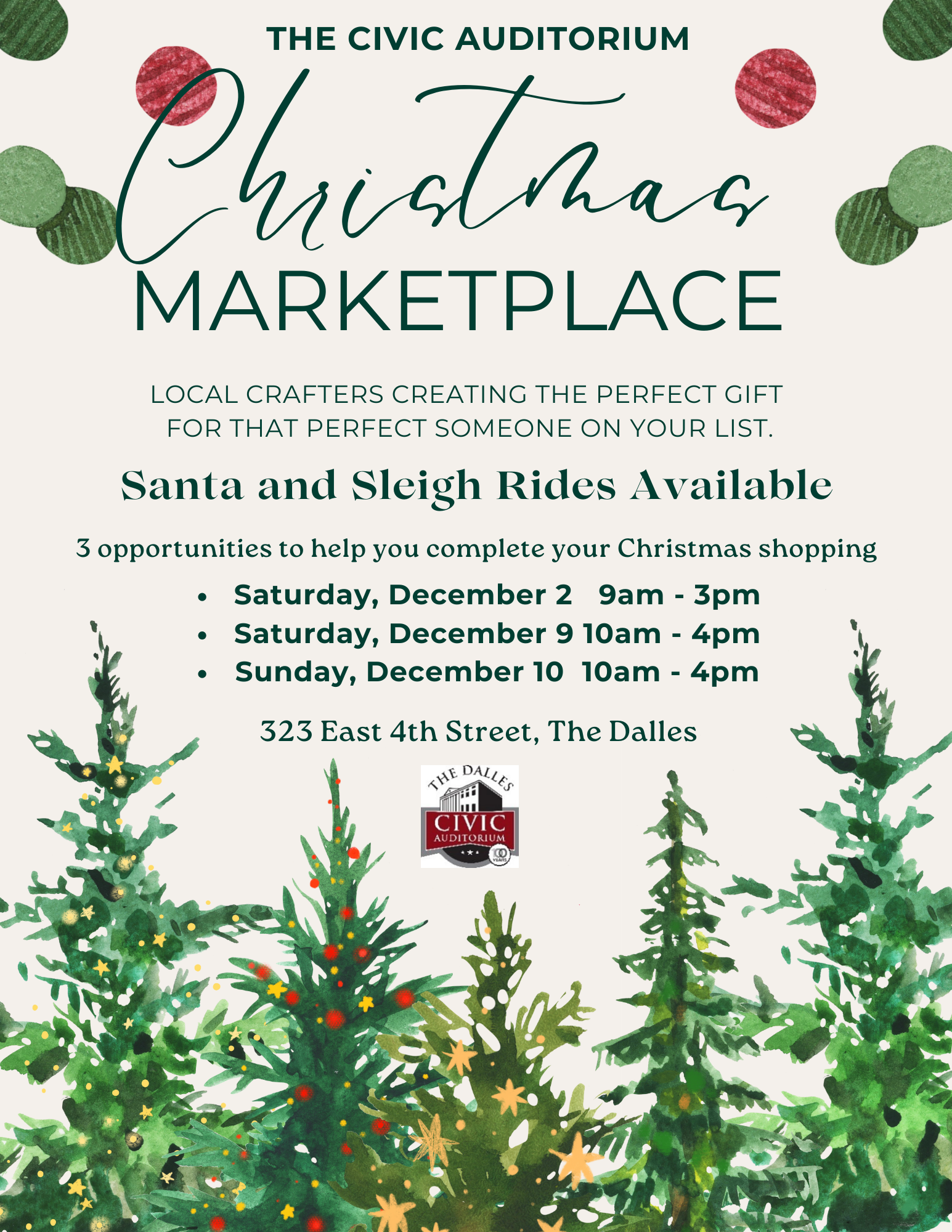 The Dalles Civic will be having 3 opportunties to shop local this Christmas.  Santa and his sleigh will be here too!  